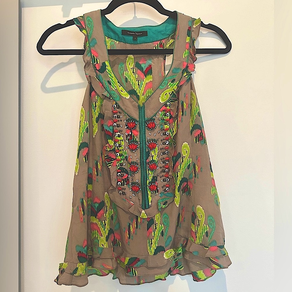 Nanette Lepore boho silk pattern beaded tank top ruffle blouse small 4